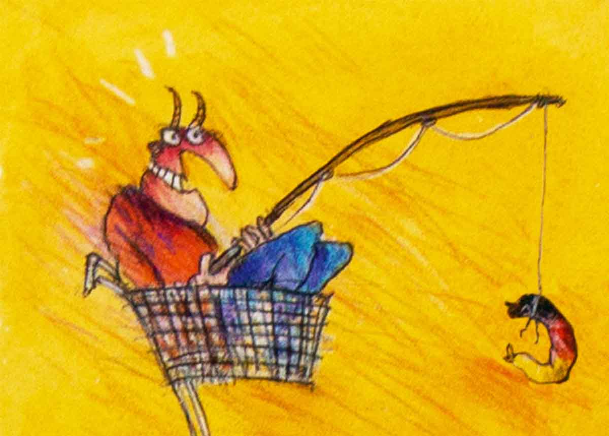 Teufel mit Angel im Einkaufswagen